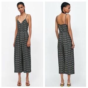 NWT Zara Boho Woven Linen Printed Tribal Crop Wide Leg Jumpsuit XS